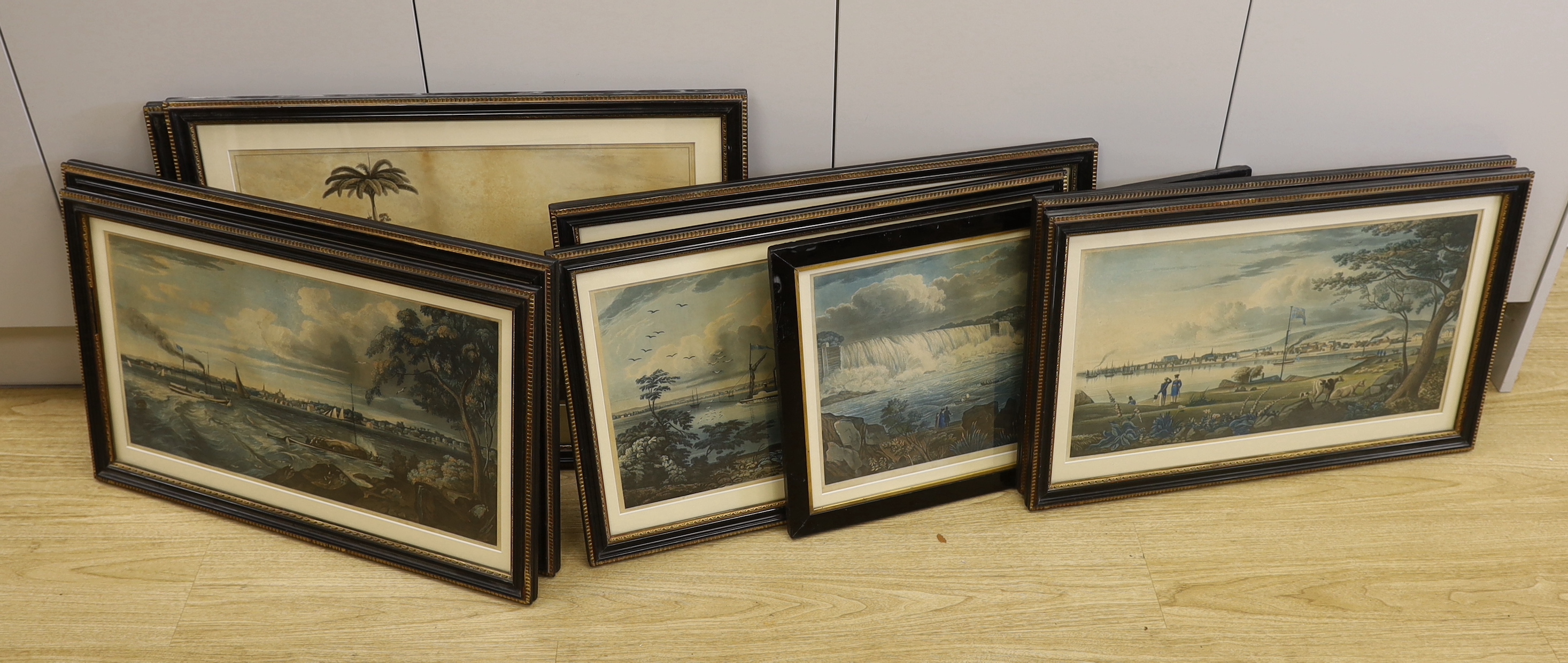 Joshua Gleadah after James Gray, a set of seven 19th century aquatints, Canadian landscapes and two others of Granada, largest 57 x 36cm